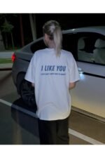 Beyaz I LIKE YOU I JUST DON'T KNOW HOW TO SHOW IT %100 Pamuk Bisiklet Yaka Tişört - Image 3