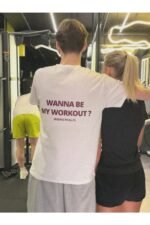 Beyaz WANNA BE MY WORKOUT %100 Pamuk Bisiklet Yaka Tişört - Image 2