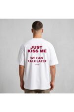 Erkek Beyaz Just Kiss Me Oversize %100 Pamuk Bisiklet Yaka Tişört